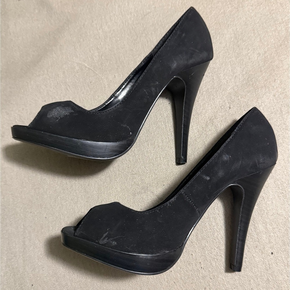 Paprika Black Faux Suede Peep Toe Platform Stiletto Pumps Womens 5.5